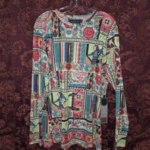 Double D Ranch Terra Cotta Aztec Print Sheer Knit Long Sleeve Top NWT Women's 1X